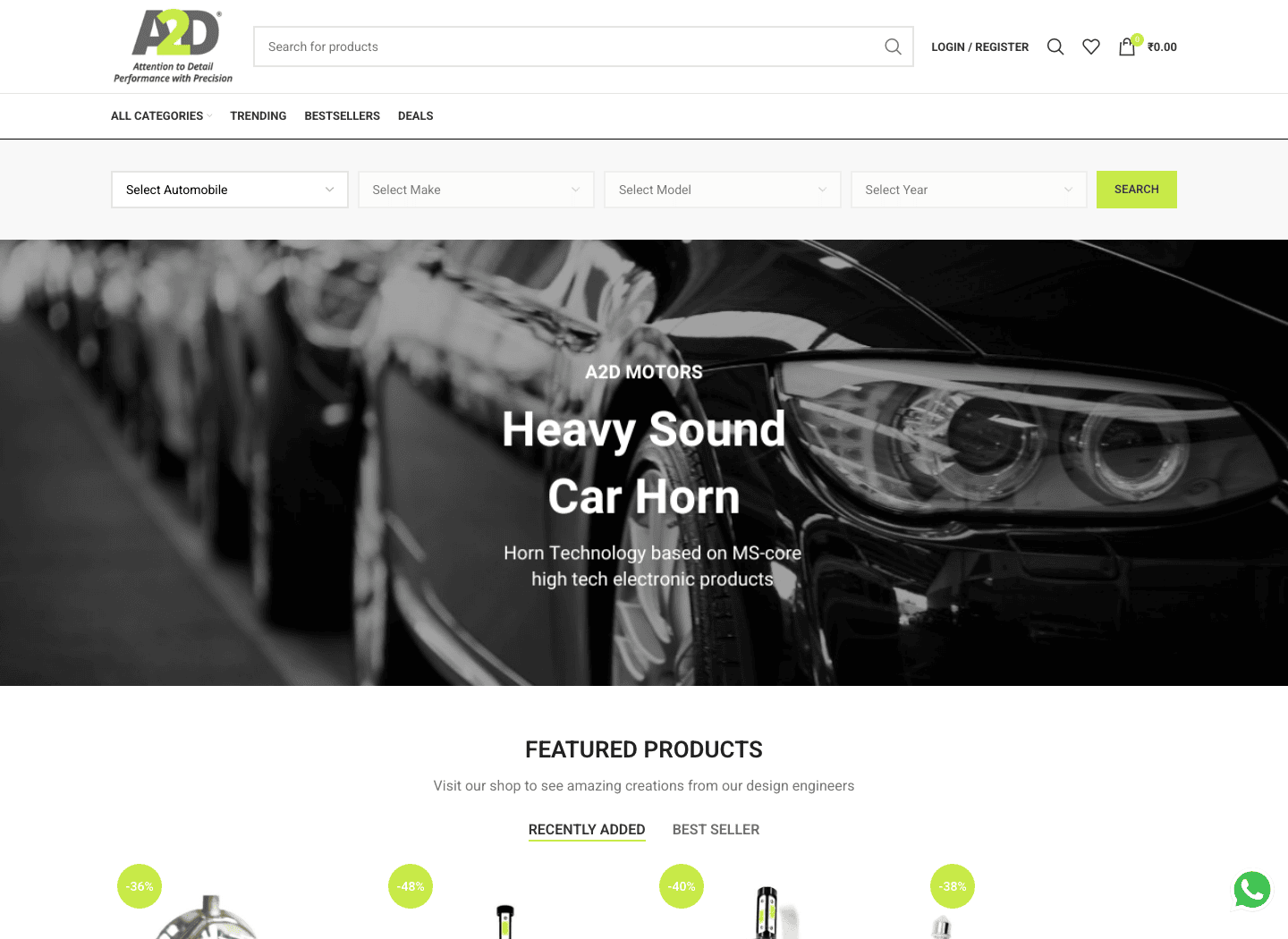 A2D Motors ecommerce homepage showcasing car and bike accessories