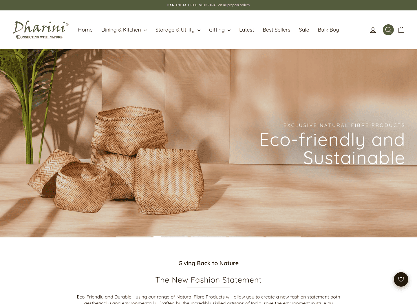 Dharini storefront displaying woven natural-fibre baskets and homeware categories
