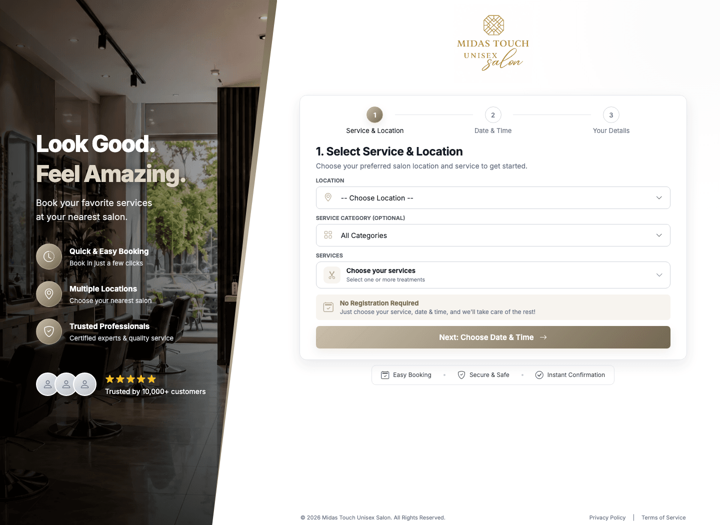 Midas Touch salon booking app showing its guided service and location selection