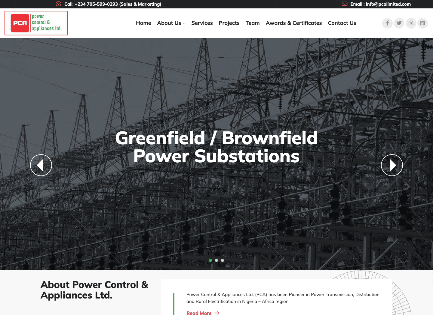 Power Control and Appliances website showing power substation infrastructure