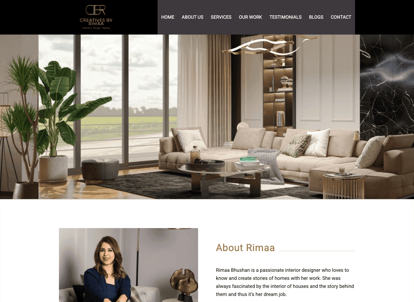 Creatives by Rimaa website showing a contemporary living room and the designer’s profile