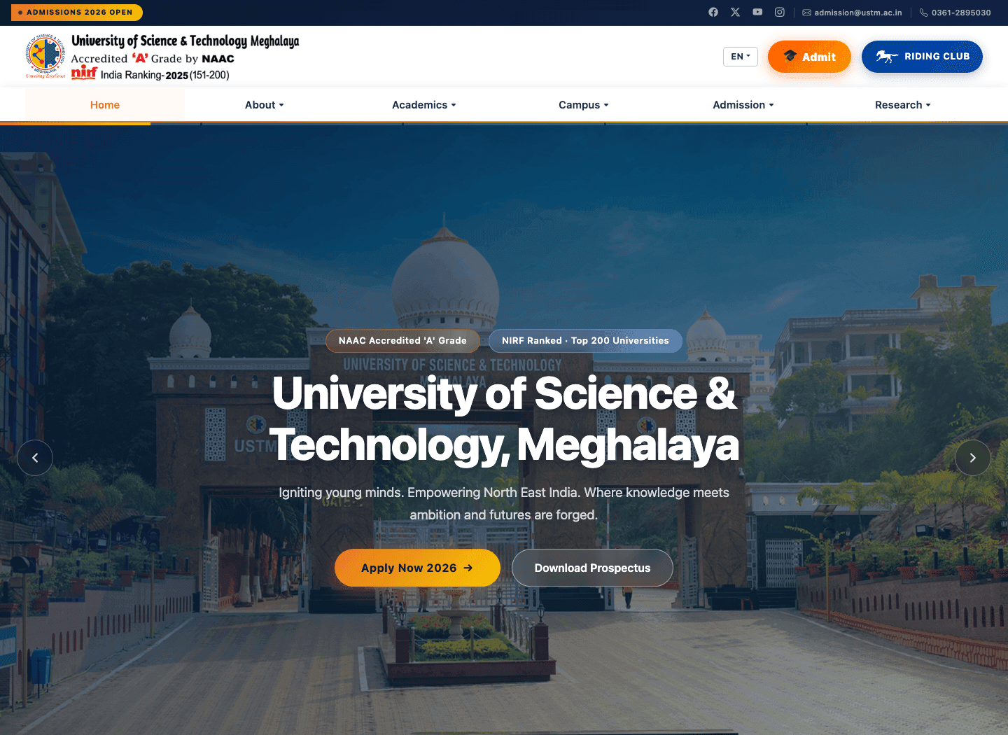 USTM university homepage showing the Meghalaya campus and admission links