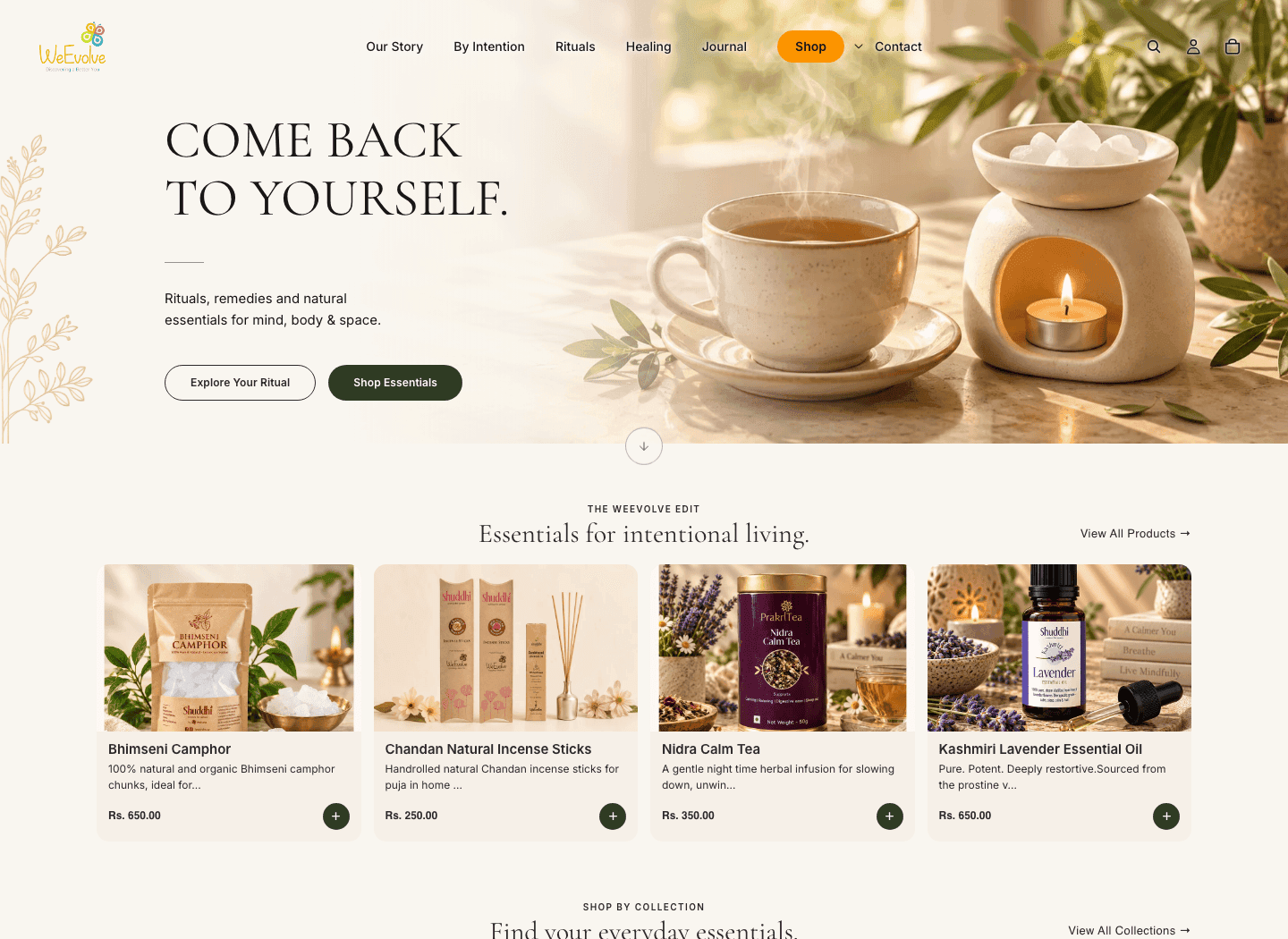 WeEvolveUp storefront featuring natural essentials, ritual navigation, and product cards
