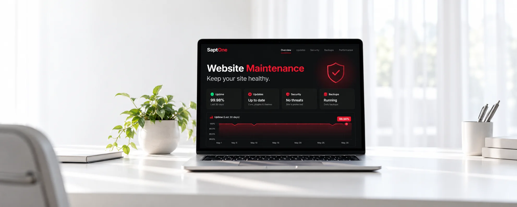 Website Maintenance project displayed on a laptop in a bright office